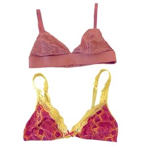 Set 2 Lg Wire-free Bralette Bra Lively Rose Crochet & Candies Bright Yellow Pink